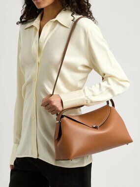 Authentic TOTEME T-Lock Medium Top Handle Bag in Tan Grained Leather